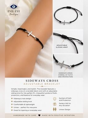 Sideways Cross Adjustable Bracelet - Black Cord with Silver Cross